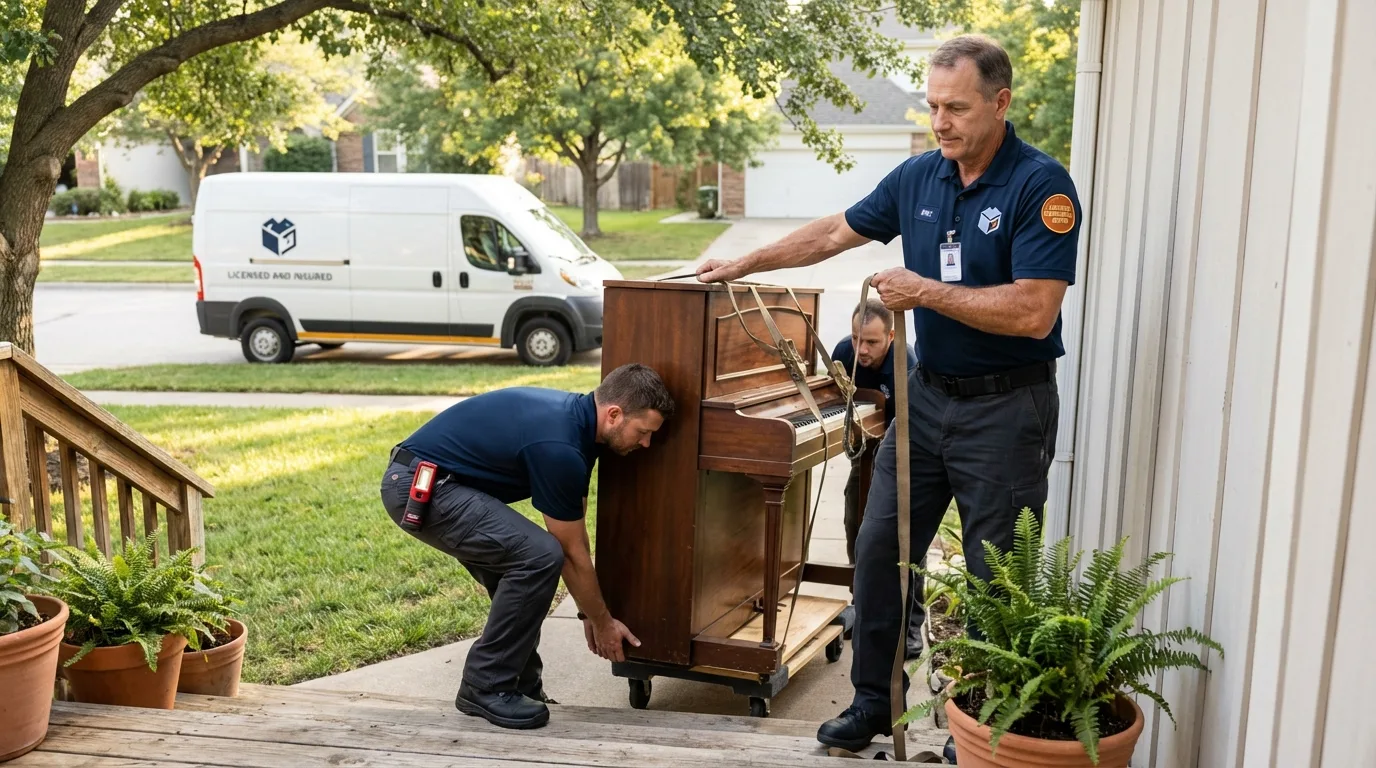 Licensed piano movers securing grand piano in Bronson, FL