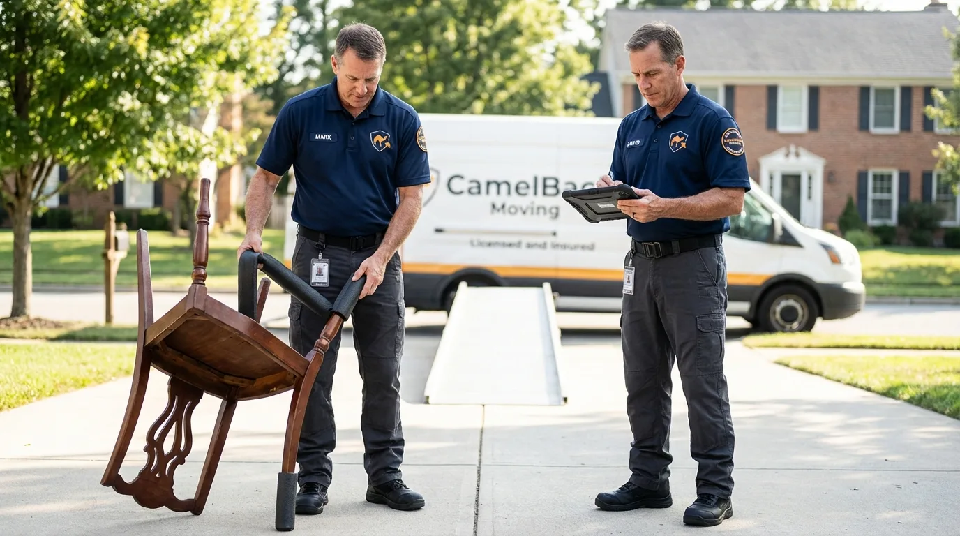 Movers inspecting furniture for damage prevention before loading in Bronson, FL