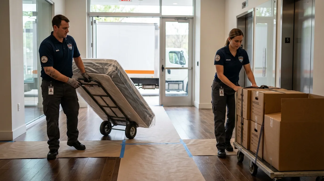 Professional apartment movers loading elevator in Bronson, FL