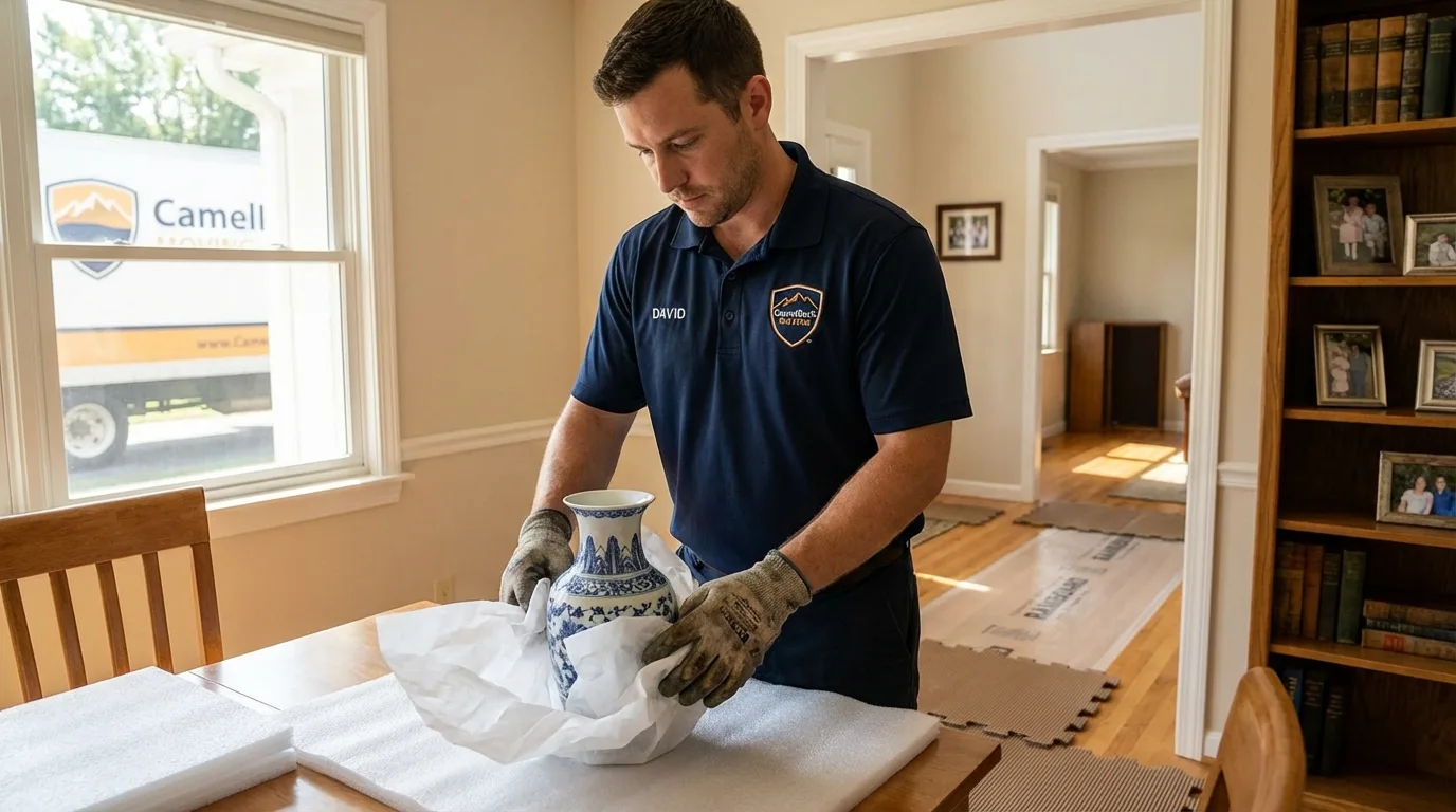 Professional crew carefully wrapping antique vase for senior downsizing move in Bronson, FL